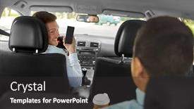  Presentation with transportation - Audience pleasing slide set consisting of transportation taxi and technology concept - smiling car driver showing smartphone to male passenger backdrop and a dark gray colored foreground