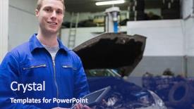  Presentation with mechanic tablet - Presentation enhanced with transportation technology - portrait of young male mechanic background and a navy blue colored foreground