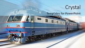  Presentation with diesel - Slide set with diesel train - locomotive arriving to a station background and a light blue colored foreground