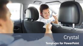  Presentation with payment - Colorful presentation theme enhanced with transportation vehicle and payment concept - male car driver taking money from passenger backdrop and a ocean colored foreground