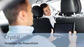  Presentation with transportation - Audience pleasing slide set consisting of transportation vehicle and people concept - male car driver looking at passenger with tablet pc computer sitting on back seat backdrop and a light blue colored foreground