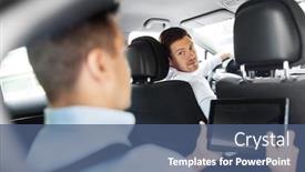  Presentation with car seat - Colorful slide deck enhanced with transportation vehicle and people concept - male car driver looking at passenger with tablet pc computer sitting on back seat backdrop and a ocean colored foreground