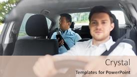  Presentation with car seat - Audience pleasing PPT theme consisting of transportation vehicle and people concept - middle aged male passenger with smartphone on back seat and car driver backdrop and a lemonade colored foreground