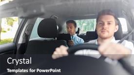  Presentation with car seat - Beautiful slide set featuring transportation vehicle and people concept - middle aged male passenger with tablet pc computer and headphones on back seat and car driver backdrop and a dark gray colored foreground