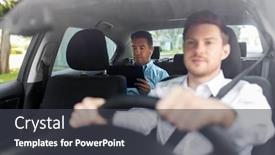  Presentation with car seat - Presentation featuring transportation vehicle and people concept - middle aged male passenger with tablet pc computer and wireless earphones on back seat and car driver background and a dark gray colored foreground