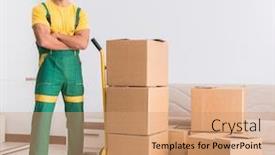  Presentation with transportation - Theme having transportation-worker-delivering-boxes background and a coral colored foreground