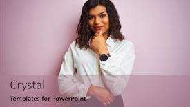  Presentation with transgender - Slide set consisting of transsexual transgender businesswoman standing over isolated pink background looking confident at the camera smiling with crossed arms and hand raised on chin thinking positive background and a coral colored foreground
