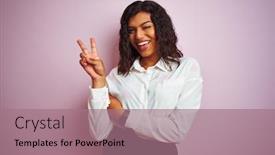  Presentation with transgender - Colorful slide set enhanced with transsexual transgender businesswoman standing over isolated pink background smiling with happy face winking at the camera doing victory sign number two backdrop and a coral colored foreground