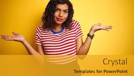  Presentation with transgender - Slide set enhanced with transsexual transgender woman wearing stiped t-shirt over isolated yellow background clueless and confused expression with arms and hands raised doubt concept background and a gold colored foreground