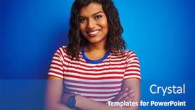  Presentation with transgender - Presentation design with transsexual transgender woman wearing stiped t-shirt over isolated blue background happy face smiling with crossed arms looking at the camera positive person background and a teal colored foreground