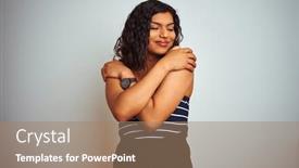  Presentation with confident love - Beautiful presentation design featuring transsexual transgender woman wearing striped t-shirt over isolated white background hugging oneself happy and positive smiling confident self love and self care backdrop and a coral colored foreground