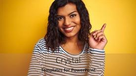  Presentation with transgender - Presentation featuring transsexual transgender woman wearing striped t-shirt over isolated yellow background very happy pointing with hand and finger to the side background and a gold colored foreground