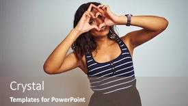  Presentation with shape heart - Slide set with transsexual transgender woman wearing striped t-shirt over isolated white background doing heart shape with hand and fingers smiling looking through sign background and a gray colored foreground