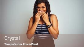  Presentation with transgender - Beautiful presentation featuring transsexual transgender woman wearing striped t-shirt over isolated white background laughing and embarrassed giggle covering mouth with hands gossip and scandal concept backdrop and a coral colored foreground