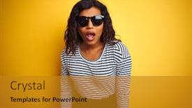  Presentation with transgender - Beautiful theme featuring transsexual transgender woman wearing sunglasses over isolated yellow background afraid and shocked with surprise expression fear and excited face backdrop and a gold colored foreground