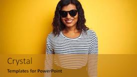  Presentation with transgender - Audience pleasing slide set consisting of transsexual transgender woman wearing sunglasses over isolated yellow background with a happy and cool smile on face lucky person backdrop and a gold colored foreground