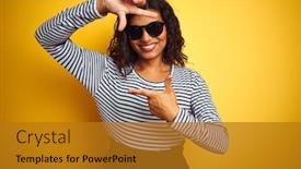  Presentation with transgender - Colorful presentation enhanced with transsexual transgender woman wearing sunglasses over isolated yellow background smiling making frame with hands and fingers with happy face creativity and photography concept backdrop and a gold colored foreground