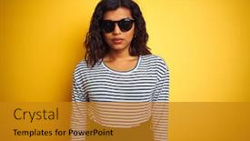  Presentation with transgender - Presentation theme enhanced with transsexual transgender woman wearing sunglasses over isolated yellow background with serious expression on face simple and natural looking at the camera background and a gold colored foreground