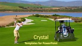  Presentation with golf cart on - Beautiful PPT theme featuring trap club - golf man playing shot backdrop and a tawny brown colored foreground