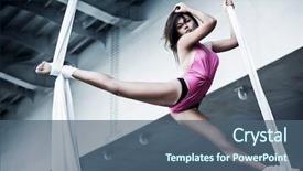  Presentation with industrial textile industry yarn spools - Cool new PPT layouts with trapeze artist - young woman gymnast on industrial backdrop and a ocean colored foreground