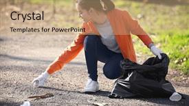  Presentation with volunteer - Slides featuring trash - young beautiful volunteer picking up background and a coral colored foreground