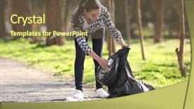  Presentation with volunteer - Cool new presentation design with trash - young beautiful volunteer picking up backdrop and a tawny brown colored foreground