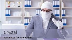  Presentation with working - Amazing PPT layouts having trauma center - bandaged businessman worker working backdrop and a  colored foreground