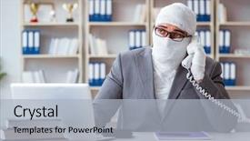  Presentation with working - Theme with trauma center - bandaged businessman worker working background and a  colored foreground