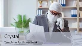  Presentation with employee anniversary work office - Slide set consisting of trauma center - bandaged businessman worker working background and a  colored foreground