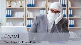  Presentation with trauma - Presentation with trauma center - bandaged businessman worker working background and a  colored foreground