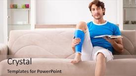  Presentation with young man on the phone - Slide deck with trauma education - leg injured young man background and a  colored foreground