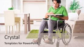  Presentation with wheelchair - Amazing PPT layouts having trauma education - young handsome man in wheelchair backdrop and a soft green colored foreground