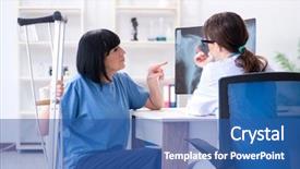  Presentation with incident - Audience pleasing theme consisting of traumatologie - doctor examining old mature woman backdrop and a ocean colored foreground