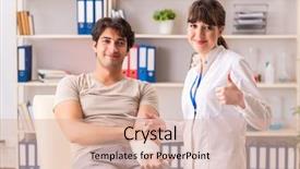  Presentation with doctor visiting family - PPT theme having traumatologie - young man with bandaged arm background and a  colored foreground