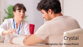  Presentation with young man on the phone - Slides enhanced with traumatologie - young man with bandaged arm background and a  colored foreground