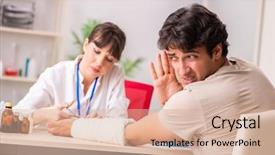  Presentation with young man on the phone - PPT layouts consisting of traumatologie - young man with bandaged arm background and a  colored foreground