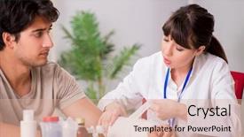  Presentation with doctor visiting family - PPT theme having traumatologie - young man with bandaged arm background and a  colored foreground