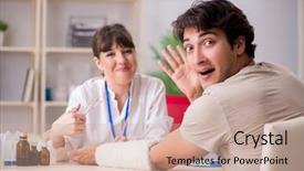  Presentation with doctor visiting family - Beautiful theme featuring traumatologie - young man with bandaged arm backdrop and a  colored foreground