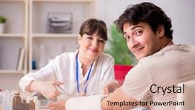  Presentation with young man on the phone - Audience pleasing slides consisting of traumatologie - young man with bandaged arm backdrop and a lemonade colored foreground