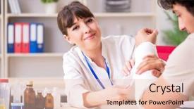  Presentation with doctor visiting family a new born - Colorful theme enhanced with traumatologie - young man with bandaged arm backdrop and a lemonade colored foreground