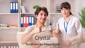  Presentation with doctor visiting family a new born - Slides enhanced with traumatologie - young man with bandaged arm background and a  colored foreground