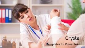  Presentation with doctor visiting family a new born - Colorful PPT layouts enhanced with traumatologie - young man with bandaged arm backdrop and a lemonade colored foreground