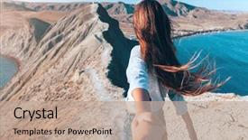  Presentation with pov - Beautiful slide set featuring travel - girl walking on the mountain backdrop and a coral colored foreground