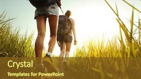  Presentation with backpacks - Colorful slide deck enhanced with travel - hikers with backpacks walking backdrop and a tawny brown colored foreground