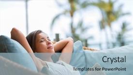  Presentation with outdoor patio - Colorful presentation theme enhanced with travel - home lifestyle woman relaxing sleeping backdrop and a light blue colored foreground
