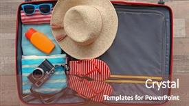  Presentation with suitcase - Beautiful theme featuring travel - open suitcase packed for travelling backdrop and a tawny brown colored foreground