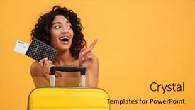  Presentation with suitcase - Presentation theme with travel - portrait of a cheerful young background and a yellow colored foreground