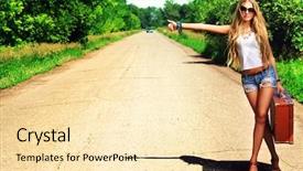  Presentation with travel - Presentation consisting of travel - pretty young woman hitchhiking along background and a lemonade colored foreground