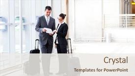  Presentation with airport - Colorful presentation design enhanced with travel - two businesspeople meeting at airport backdrop and a sky blue colored foreground