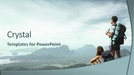  Presentation with mountain view - Colorful slide deck enhanced with travel - young backpackers enjoying a valley backdrop and a sky blue colored foreground